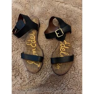Sam Edelman Black Leather Ankle Strap Sandals Gold Block Heel Cork Insole 11